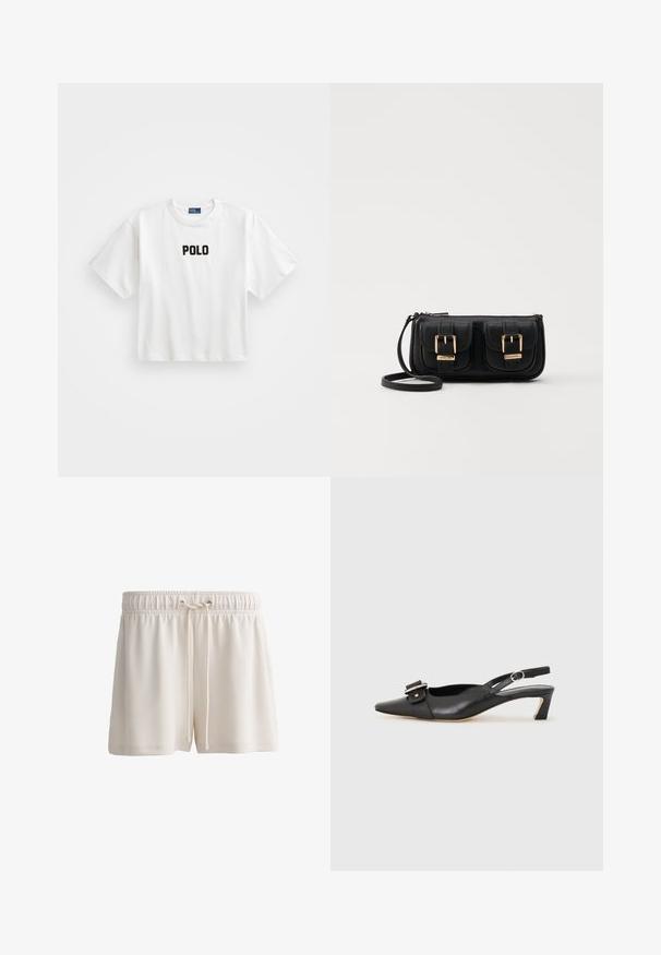 White cotton t-shirt with short sleeves, featuring a black embroidered "POLO" logo on the front. Simple, boxy design.; Cream-colored shorts made of soft material, featuring an elastic waistband with a drawstring and basic hem design.; Black leather slingback shoe with pointed toe, small heel, and decorative buckle detail on the upper. Smooth texture, minimalistic design.; Black leather crossbody bag with two front pockets, gold buckles, zipper closure, and a slim strap. Textured surface and compact rectangular shape.