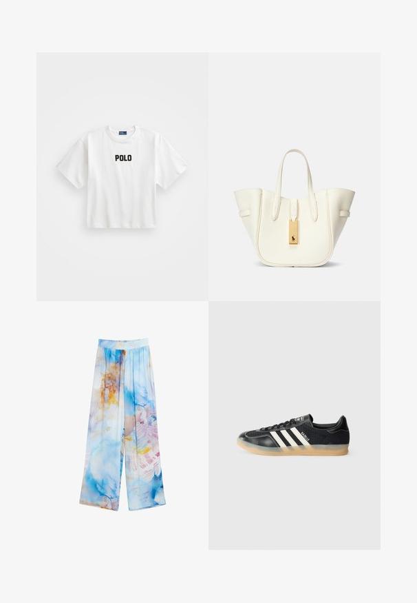 Bijela pamučna majica s kratkim rukavima, koja na prednjoj strani ima crni izvezeni "POLO" logo. Jednostavan, kutni dizajn.; Lagane hlače širokih nogavica s plavim i narančastim akvarelnim uzorkom. Elastična waistband, mekana tekstura tkanine i lepršavi silueta.; Crni atletski tenisice s bijelim prugama, teksturiranom tkaninom, glatkim kožnim vrhom i gumiranim potplatom. Sadrži logotip na jeziku.; Bijela kožna torba za rame sa strukturiranim oblikom, istaknutim šavovima, zlatnim oznakom i dvostrukim ručkama. Teksturirana površina s bočnim džepovima.
