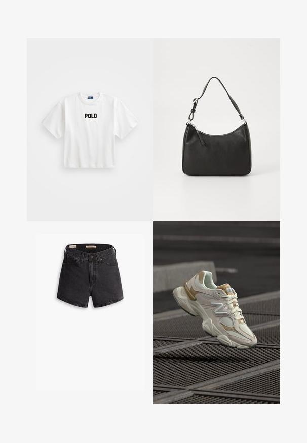 Balta kokvilnas T-krekls ar īsām piedurknēm, ar melnu izšūtu "POLO" logo priekšpusē. Vienkāršs, kvadrātveida dizains.; Melnas denima šorti ar augstu jostasvietu, kas aprīkoti ar priekšējo pogu aizdari, četriem kabatām un nedaudz nolietotu apdari.; Krēmkrāsas un bēša krāsas sporta apavi ar sietveida un zamšādas materiāliem, izteiksmīgu "N" logotipu, polsterētu apkakli un teksturētu gumijas zoli, kas karājas virs režģa virsmas.; Melnas ādas rokassomu ar izliekta formu, vienu siksnu, ar rāvējslēdzēju aizdari un diskrētu zīmolu uz priekšpuses. Gluda tekstūra, minimālisma dizains.