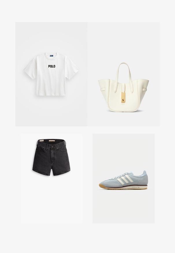 White cotton t-shirt with short sleeves, featuring a black embroidered "POLO" logo on the front. Simple, boxy design.; Black denim shorts with a high waist, featuring a front button closure, four pockets, and a slightly distressed finish.; Light blue suede sneaker with white three stripes, rubber sole, and textured mesh. Features a smooth toe cap and branding on the heel.; White leather tote bag with a structured shape, prominent stitching, gold hardware tag, and dual handles. Textured surface with side pockets.