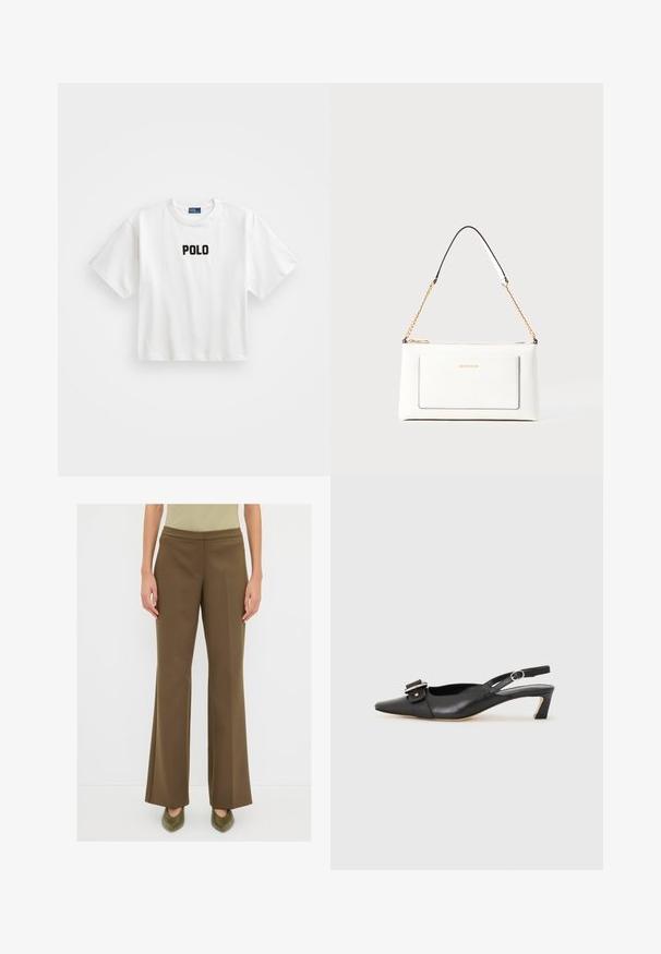 Bílý bavlněný tričko s krátkými rukávy, na přední straně se vyznačuje černě vyšitým logem "POLO". Jednoduchý, boxovitý design.; Olivově zelené, upravené kalhoty s rozšířeným střihem, hladkou texturou a středním pasem, spárované s odpovídajícími zelenými botami s špičatou špičkou.; Černé kožené sandály s úzkou špičkou, malým podpatkem a dekorativní sponou na nártu. Hladký povrch, minimalistický design.; Bílá kožená kabelka s texturovaným povrchem, zdobená zlatým řetízkem a černými akcenty. Obsahuje přední kapsu a uzavírání na zip.