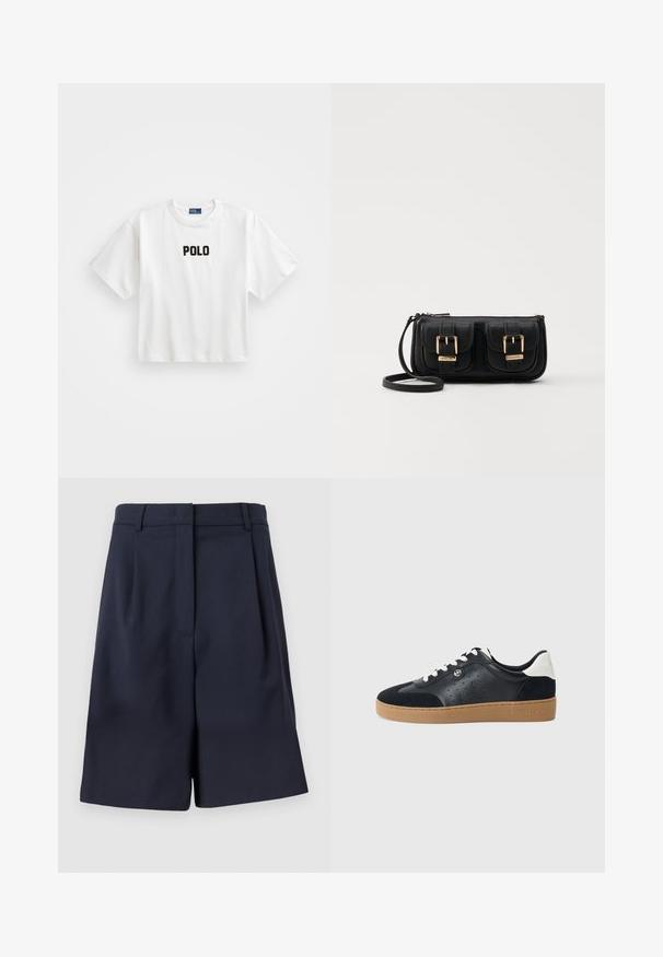 T-shirt en coton blanc à manches courtes, avec un logo "POLO" brodé en noir sur le devant. Design simple et carré.; Shorts ajustés bleu marine en tissu lisse avec taille haute, plis à l'avant et poches latérales. Silhouette propre et structurée.; Baskets en cuir noir et suède avec une semelle en caoutchouc brun clair. Dotées de lacets blancs et de petites perforations sur les côtés. Logo Michael Kors présent.; Sac en cuir noir porté en travers avec deux poches avant, boucles dorées, fermeture zippée et une sangle fine. Surface texturée et forme rectangulaire compacte.