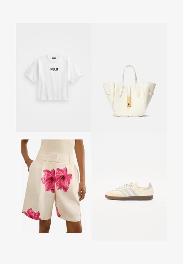T-shirt en coton blanc à manches courtes, avec un logo "POLO" brodé en noir sur le devant. Design simple et carré.; Next PETITE - FLORAL TAILORED - Short - ecru pink; Baskets avec une tige en cuir crème, des rayures bleu clair et des accents pêche. Présentent une semelle en caoutchouc brun texturé et un design minimaliste.; Sac fourre-tout en cuir blanc avec une forme structurée, des coutures marquées, une étiquette en matériel doré et deux poignées. Surface texturée avec des poches latérales.