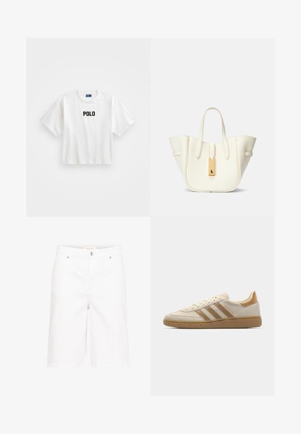 Bela bomba majica s kratkimi rokavi, na sprednji strani ima črno vezeno oznako "POLO". Preprost, kvadratast dizajn.; Beli bermuda hlače iz belega denima s ravnim krojem, z sprednjim gumbom, zankami za pas in dvema sprednjima žepoma. Gladek občutek.; Bež semiš športni čevlji s svetlo rjavimi poudarki. Ima tri rjave črte, teksturiran gumijast podplat in zaobljen dizajn prstov.; Bela usnjena torba z obliko, ki ohranja strukturo, izrazitim šivom, zlatim kovinskim dodatkom in dvema ročkama. Teksturna površina s stranskimi žepi.