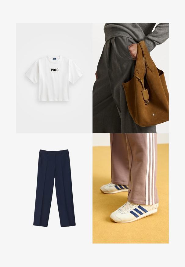 Biała bawełniana koszulka z krótkim rękawem, z czarnym haftowanym logo "POLO" na przodzie. Prosty, pudełkowy krój.; Granatowe spodnie o kroju dopasowanym, z prostą nogawką, z frontowymi zakładkami i kieszeniami bocznymi. Materiał wydaje się gładki i dobrze ustrukturyzowany.; Kremowe sneakersy z niebieskimi zamszowymi paskami, białymi sznurówkami i gumową podeszwą. Zestawione z szarymi dresami z białymi bocznymi paskami.; Brązowa torebka typu tote z zaokrąglonym kształtem, podwójnymi uchwytami i metalowym akcentem. Z przodu znajduje się małe logo.