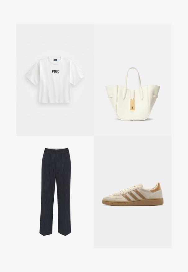 Witte katoenen t-shirt met korte mouwen, voorzien van een zwart geborduurd "POLO" logo op de voorkant. Eenvoudig, boxy ontwerp.; Marineblauwe broek met witte verticale streepjes, wijde pijpen, gladde stof, riemlussen en een vouw aan de voorkant voor een verzorgd uiterlijk.; Beige suède sneakers met lichtbruine accenten. Voorzien van drie bruine stripes, een textuur rubberen zool en een afgeronde neus.; Witte leren tote bag met een gestructureerde vorm, prominente stiksels, gouden hardwarelabel en dubbele handgrepen. Gelaagde oppervlakte met zijzakken.