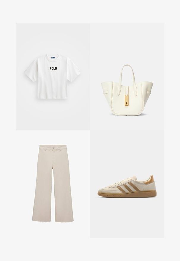 Valkoinen puuvillapaita lyhyillä hihoilla, jossa on musta brodeerattu "POLO"-logo edessä. Yksinkertainen, laatikkomainen muotoilu.; Beige levelehked teksad kõrgema taljega, mis on valmistatud denimpurust. Omab tooriku äärt all ja ees asuvat nupukinnitust ning sulguri tõmblukk.; Beige mokkanen kengät, joissa on vaaleanruskeita yksityiskohtia. Varustettu kolmella ruskealla raidalla, tekstuurilla varustetulla kumipohjalla ja pyöristetyllä kärjellä.; Valkoinen nahkainen olkalaukku, jossa on rakenteellinen muoto, voimakkaat saumat, kultainen varusteetietokortti ja kaksoiskahvat. Rakennepinnoite, jossa on sivutaskut.