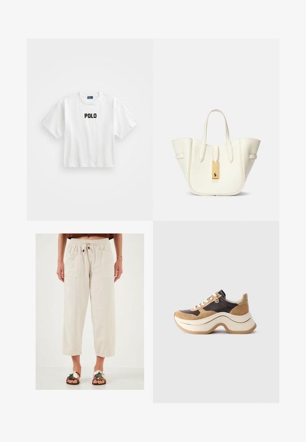 Witte katoenen t-shirt met korte mouwen, voorzien van een zwart geborduurd "POLO" logo op de voorkant. Eenvoudig, boxy ontwerp.; Beige, lichtgewicht, wijde broek met een elastische tailleband, drawstring en twee voorkruiszakken. Getextureerde stof met een relaxte pasvorm.; Chunky sneaker met een beige en donkerbruine zool, voorzien van suède accenten, witte veters en een kleine gouden MK charm aan de zijkant.; Witte leren tote bag met een gestructureerde vorm, prominente stiksels, gouden hardwarelabel en dubbele handgrepen. Gelaagde oppervlakte met zijzakken.
