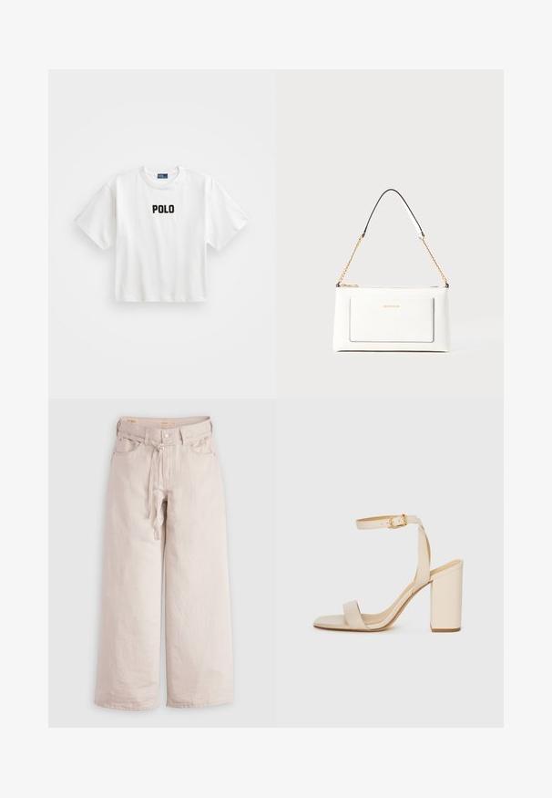 Maglietta bianca in cotone a maniche corte, con un logo ricamato nero "POLO" sul davanti. Design semplice e squadrato.; Pantaloni a gamba larga beige chiaro in denim, con chiusura a bottone, passanti per cintura e tasche frontali. Tessuto morbido con una vestibilità rilassata.; Sandal con tacco alto beige con punta quadrata, sottile cinturino alla caviglia e tacco a blocco. Texture di pelle liscia con dettaglio della fibbia dorata.; Borsa a tracolla bianca in pelle con un finish testurizzato, dotata di una tracolla in catena dorata e accenti neri. Include una tasca frontale e una chiusura con zip.