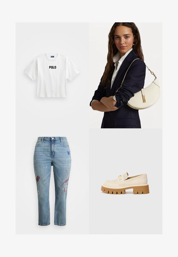 Balta kokvilnas T-krekls ar īsām piedurknēm, ar melnu izšūtu "POLO" logo priekšpusē. Vienkāršs, kvadrātveida dizains.; Gai zili denima džinsi ar taisnu kāju piegriezumu. Priekšpusē ir krāsu traipi purpursarkanā, zaļā un sarkanā krāsā, radot unikālu dizainu.; Beige loafers ar strukturētu krēmkrāsas siksnu, ar masīvu brūnu zoli ar zobainiem rakstiem. Zelta akcents uz sprādzes detaļu.; Balta ādas rokassoma ar izliekumu formu, zelta furnitūru un teksturētu apdari, valkāta pāri tumšam žaketam un baltai krekla.