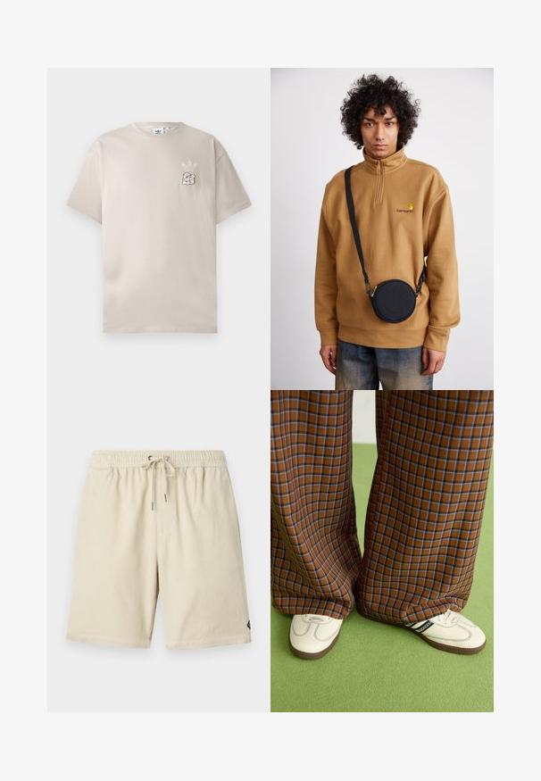 Beige bomulds t-shirt med rund hals, korte ærmer, og et subtilt grafisk logo på venstre bryst. Blød tekstur, enkelt design.; Beige corduroy shorts med elastisk talje og snore, med en subtil lodret ribbet tekstur og et lille label på siden.; Brune og blå ternede brede benbukser parret med hvide sko med sorte accenter og strukturerede såler, sat mod en grøn baggrund.; Brun fleece sweatshirt med kvart lynlås og broderet logo, iført en sort rund crossbody taske med lynlås og logodetalje over denim.
