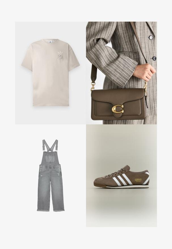 Bež pamukasta majica s okruglim izrezom, kratkim rukavima i suptilnim grafičkim logotipom na lijevoj strani prsnog koša. Mekana tekstura, jednostavan dizajn.; Sive traperice s naramenicama koje se mogu prilagoditi, prednjim džepom na prsima, bočnim gumbima i izgužvanim detaljima na nogama.; Smeđi tenis s antilopom i tri bijele pruge, ravnim gumenim potplatom, okruglim vrhom i zlatnim logotipom "adidas Italia" sa strane.; COACH TABBY SHOULDER BAG 26 - Ručna torba - dark stone
