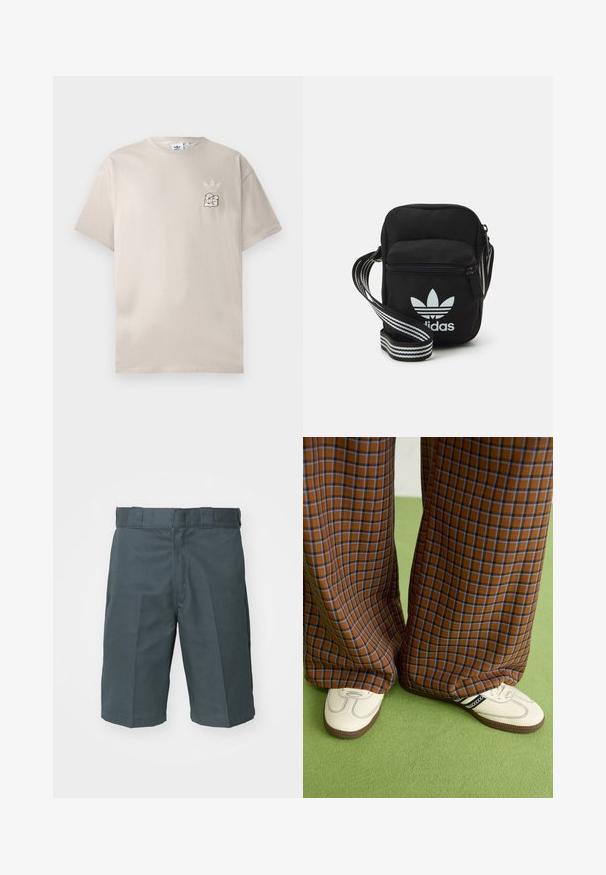 Bežinis medvilnės marškinėliai su apvalia iškirpte, trumpomis rankovėmis ir subtiliu grafiniu logotipu ant kairės krūtinės. Minkšta tekstūra, paprastas dizainas.; Tamsiai pilki šortai, pagaminti iš tvirto audinio. Yra klasikinio tiesaus kirpimo, plokščias priekinis ir standartiniai diržo kilpelės. Nėra matomų kišenių.; Rudos ir mėlynos langelinės plačios kelnės, derinamos su baltais batais su juodais akcentais ir tekstūruotais padais, prieš žalią foną.; Juodas audinio per petį nešiojamas krepšys su užtrauktuku, turintis baltą Adidas logotipą ir dryžuotą reguliuojamą diržą patogiam nešiojimui.