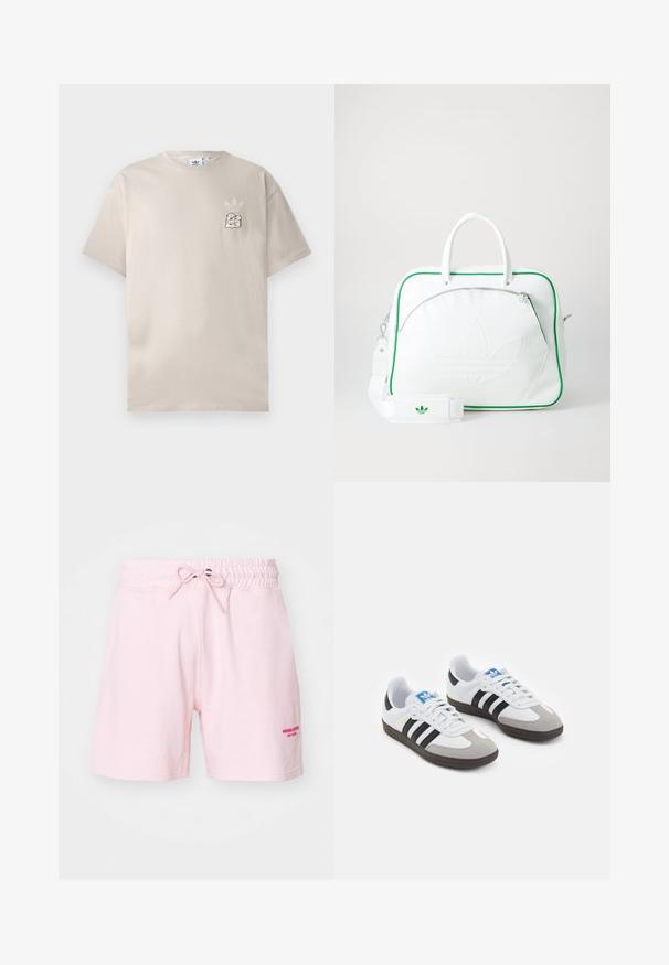 Tricou din bumbac bej cu guler rotund, mâneci scurte și un logo grafic subtil pe partea stângă a pieptului. Textură moale, design simplu.; Shorts din bumbac roz deschis, cu o talie elastică și șnur. Prezintă un text brodat de culoare roz închis în partea dreaptă față.; Încălțăminte sport cu un superior din piele albă, vârf din suede gri și trei dungi negre. Prezintă un logo albastru pe limbă și o talpă din cauciuc texturat.; Geantă din piele albă cu detalii verzi, având un logo embosat proeminent, mânere duale, o curea detașabilă și un buzunar cu fermoar în față.