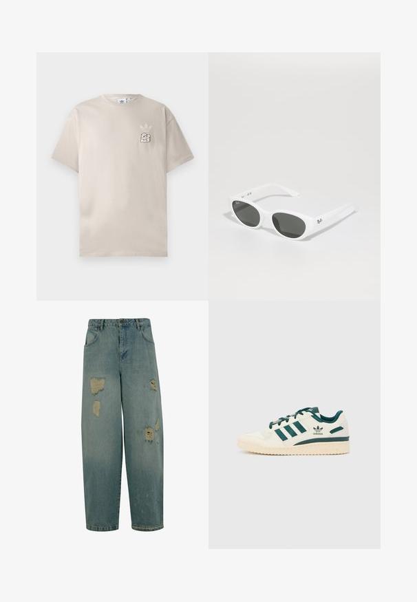 Camiseta de algodón beige con cuello redondo, mangas cortas y un sutil logo gráfico en el lado izquierdo del pecho. Textura suave, diseño simple.; Jeans de denim azul claro con corte relajado, que presentan múltiples parches desgastados y bordes deshilachados. Diseño clásico de cinco bolsillos.; Zapatilla blanca con acentos verdes. Presenta tres rayas verdes, puntera texturizada y logo en el lateral. Suela de goma con patrón texturizado.; Gafas de sol blancas con montura redondeada y lentes oscuros. Presentan una textura de plástico suave y un pequeño logo en la patilla.