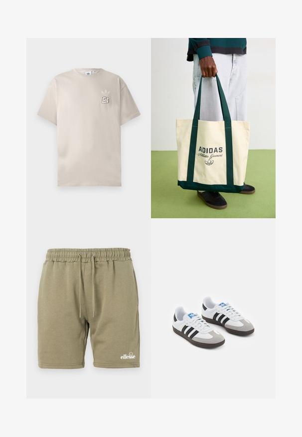 T-shirt de algodão bege com gola redonda, mangas curtas e um logótipo gráfico subtil no lado esquerdo do peito. Textura suave, design simples.; Calções de treino verde-azeitona feitos de uma mistura de algodão macio, com uma cintura elástica com cordão e um logótipo impresso no canto inferior.; Ténis desportivos com um cabedal em pele branca, biqueira em camurça cinza e três riscas pretas. Apresenta um logo azul na língua e uma sola de borracha texturizada.; Pessoa segurando uma mala tote bege da Adidas com alças verde-escuras, vestindo calças cinzentas claras e ténis pretos em um piso verde.