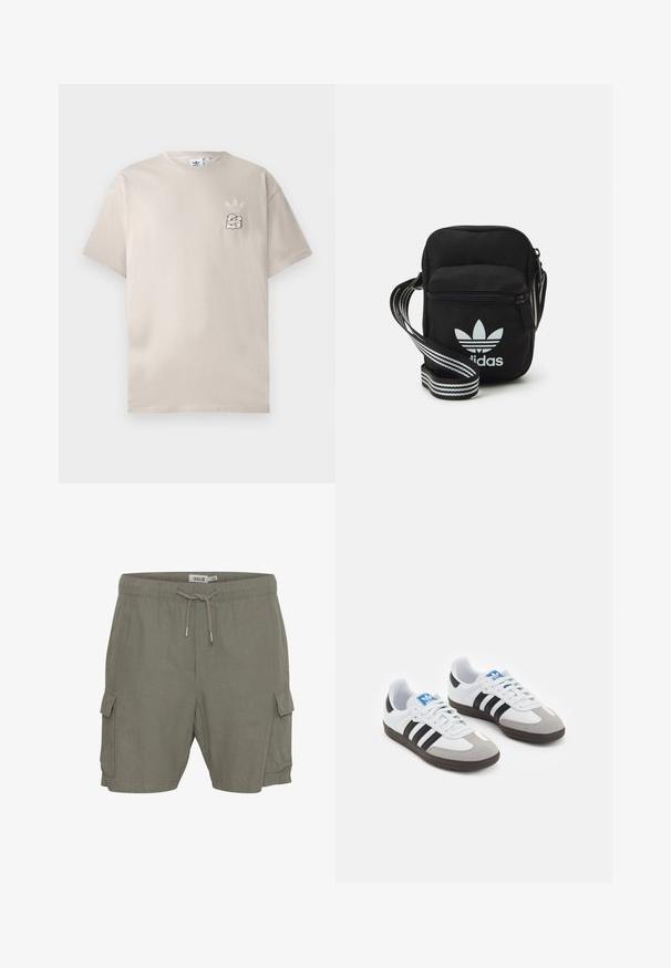 Bež majica s kratkimi rokavi iz bombaža z okroglim izrezom in subtilnim grafičnim logotipom na levi prsni strani. Mehek tekstur, enostaven dizajn.; Kargo kratke hlače v olivno zeleni tkanini, obogateno z zategovanjem v pasu, stranskimi žepi in lahkotnim, teksturiranim materialom.; Športni čevlji z belim usnjenim zgornjim delom, sivim semišem na prstih in tremi črnimi črtami. Imajo modro logo na jeziku in teksturiran gumijast podplat.; Črna tkaninska torbica čez ramo z zadrgo, ki vsebuje belo Adidasovo logo in pridelano naramnico z več črtami za enostavno nošenje.