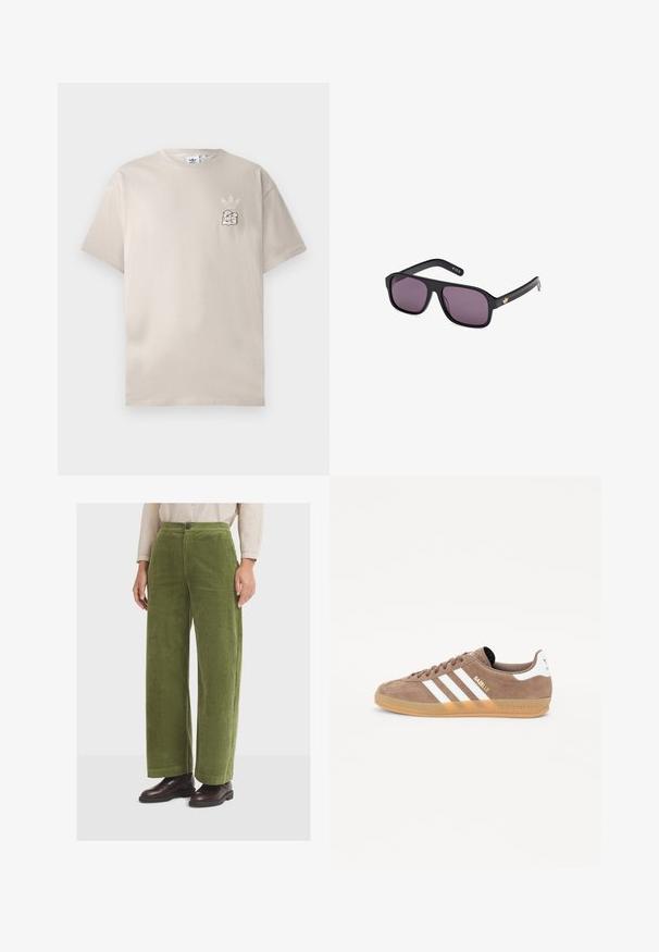 Beige bomulds t-shirt med rund hals, korte ærmer, og et subtilt grafisk logo på venstre bryst. Blød tekstur, enkelt design.; Grønne fløjlsbukser med vidde ben, høj talje og forlommer. Bukserne har en enkelt knaplukning og en struktureret, ribbet overflade.; Brune ruskinds sneakers med tre hvide striber, gylden "Gazelle" logo og gummisåler. Udstyret med polstret tunge og hæl for ekstra komfort.; Sorte solbriller med firkantet stel, mørke linser og et guld-logo på armen. Glat plastmateriale med mat finish.