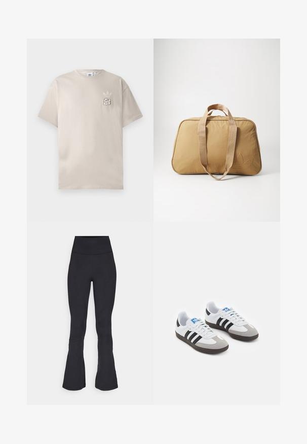 Beige cotton t-shirt with a round neck, short sleeves, and a subtle graphic logo on the left chest. Soft texture, simple design.; Black flared leggings made from stretchy fabric, featuring a high waist, smooth texture, and subtle stitching details.; Sport shoes with a white leather upper, gray suede toe, and three black stripes. Features a blue logo on the tongue and a textured rubber sole.; Tan duffel bag with two fabric handles, smooth texture, zip closure, oval shape, and a subtle embossed logo on one side.