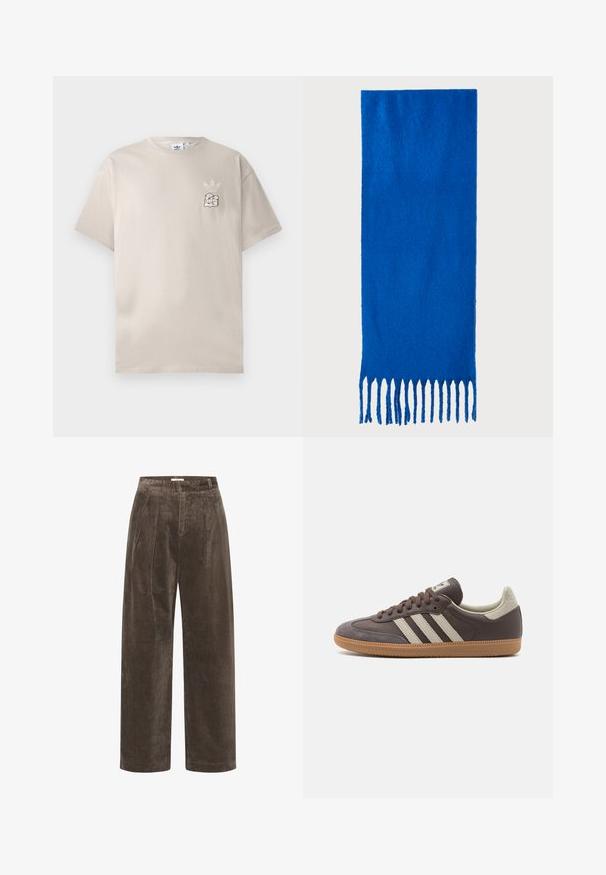 Beige cotton t-shirt with a round neck, short sleeves, and a subtle graphic logo on the left chest. Soft texture, simple design.; Brown corduroy wide-leg trousers with pleats, featuring a soft texture and mid-rise waist. Hem finishes are clean and straight.; Brown leather sneaker with three light-colored stripes, rubber gum sole, rounded toe, and textured suede accents on the heel and toe.; Blue fringed scarf made of soft fabric; features a solid color with a textured surface and evenly cut fringe at the bottom.; Black leather handbag with a unique fan shape, featuring flat handles. The surface has a pebbled texture and a minimalistic design.