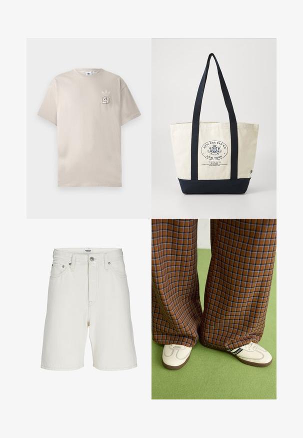 Beige puuvillane t-särk ümmarguse kaelusega, lühikeste varrukatega ja vasakul rinnal diskreetne graafiklogo. Pehme tekstuur, lihtne disain.; Valged teksashorts otse lõikega, varustatud tõmbluku, viie tasku ja metallist kinnituste ja aktsentidega.; Pruunide ja siniste ruuduliste laiad püksid, mille juurde on kombineeritud valged kingad mustade aktsentidega ja tekstuursete taldadega, roheline taust.; Kangas kott, millel on tumesinised käepidemed ja põhjaosa. Kujundusel on ümmargune logo, millel on tekst "New Era Cap Co". Heegeldatud keha, tugev disain.