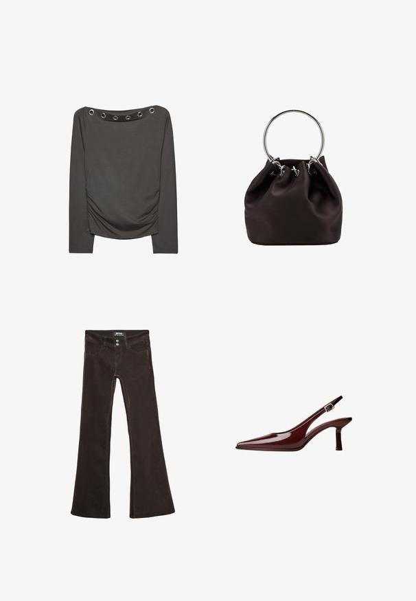 Majica z dolgimi rokavi iz temno sive tkanine. Ima drapirano zasnovo s kovinskimi okovi na izrezu in stranskimi gubanji.; Rjavi zvonasti džins, izdelan iz mehkega materiala, z dvema sprednjima žepoma, dvema zadnjima žepoma in kovinskimi gumbi na pasu.; Bordo paten usnjeni čevelj s slingback zasnovo in koničastim nosom, srednje visoka kitten peta ter srebrno zaponko na beli podlagi.; Brah zsatenska torba z nabiranim dizajnom, s srebrnimi krožnimi ročaji in kovinskimi poudarki za zapiranje. Gladka tekstura po celotni površini.