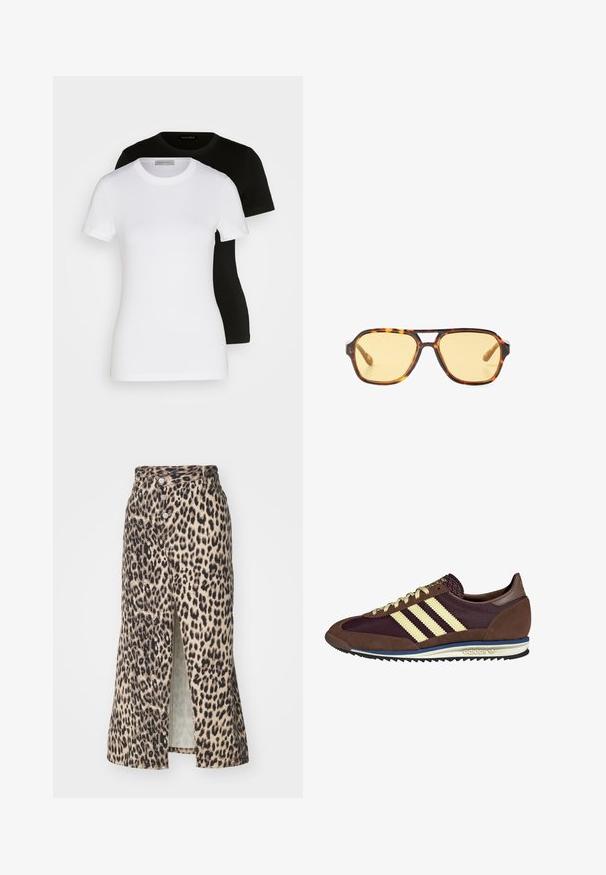 Két rövid ujjú póló fekete és fehér színben. Simogatós pamutból készült, klasszikus kerek nyakkivágással és normál fazonnal.; Leopárd mintás, puha anyagból készült midi szoknya, elülső hasítékkal, gombos záródással és testhez álló derékkal, semleges árnyalatokban, fekete kiegészítőkkel.; Barna és bordó sneaker velúr és hálós anyagból, három krémcsíkkal, texturált anyaggal a nyelvén és gumitalppal.; Teknősbéka mintázatú napszemüveg geometrikus dizájnal, sárga lencsékkel és fém díszítésekkel a szárakon. Széles keret és matt textúra.