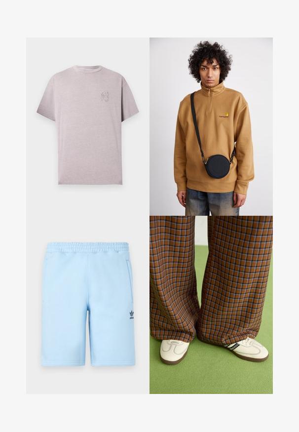 Mėtinės spalvos trumpomis rankovėmis marškinėliai pagaminti iš švelnios medžiagos. Ant kairiojo krūtinės puikuojasi mažas siuvinėtas logotipas. Atsipalaidavusi, laisva forma su apvaliu kaklu.; Šviesiai mėlynos medvilninės šortai su elastinga juostele, šoninėmis kišenėmis ir juodu Adidas logotipu apatiniame kairiajame kampe.; Rudos ir mėlynos langelinės plačios kelnės, derinamos su baltais batais su juodais akcentais ir tekstūruotais padais, prieš žalią foną.; Rudas ketvirčio užtrauktuko vilnos švarkas su siuvinėtu logotipu, derinamas su juodu apvaliu per petį nešiojamu krepšiu su užtrauktuku ir logotipo detale, dėvimas virš džinsų.