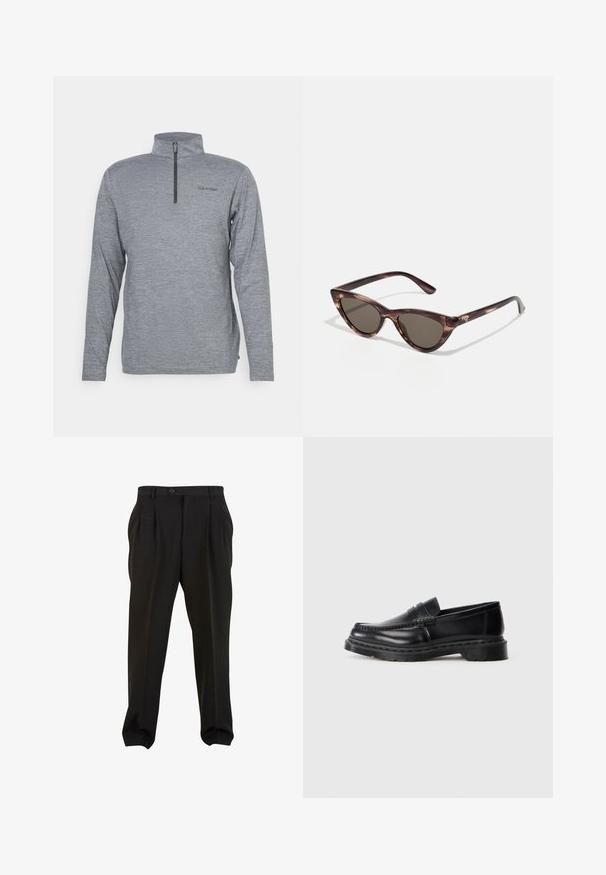 Gray pullover with a high collar and short zipper. Features long sleeves and subtle textured fabric. Calvin Klein logo printed on chest.; Black trousers with a smooth fabric, featuring front pleats, a button waistband, and tapered ankle cuffs. Classic tailored silhouette.; Men’s black leather penny loafer with chunky sole and moc toe stitching, shown in profile on white background.; Cat-eye sunglasses with dark lenses and a tortoiseshell pattern. Made from lightweight plastic, featuring slender temples and logo detail.