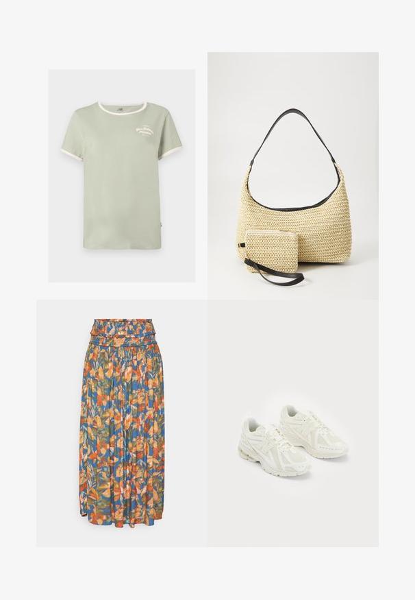 Menta zöld pamut póló, kerek nyakkivágással, kontrasztos fehér bordás díszítéssel és diszkrét "New Balance Athletics" felirattal fehér hímzéssel.; Virágmintás maxi szoknya ráncolt derékkal, élénk narancssárga, zöld és kék mintákkal. Könnyű anyag pleated textúrával.; Fehér sportcipők hálós és szintetikus anyagokból, fűzős dizájn, párnázott bokarésszel és érdes talppal a tapadás érdekében. Könnyű felépítés.; Fonott szalmakézi táska ívelt sziluettel, sima fekete bőrszíjjal és egy hozzá illő, csuklószíjjal rögzített kis tasakkal.