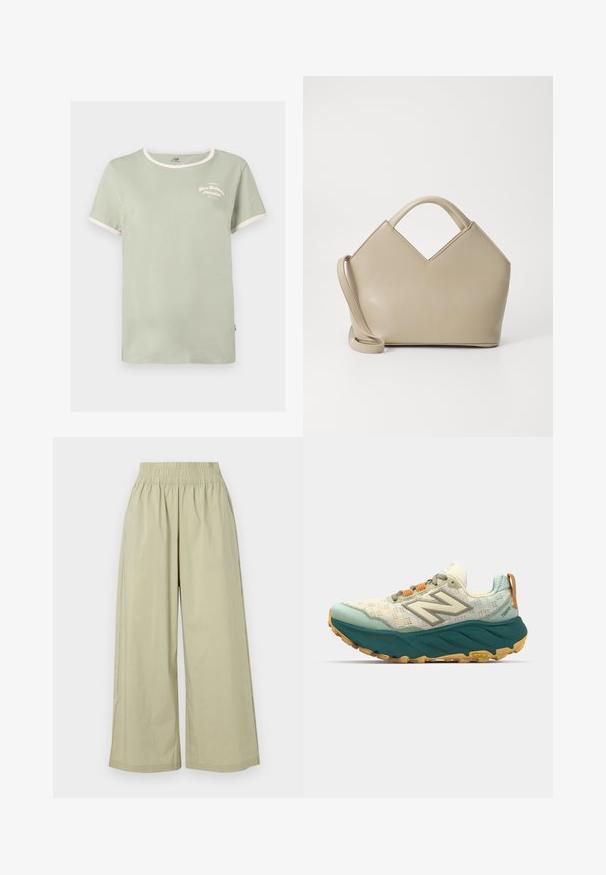 Mintgrøn t-shirt i bomuld med rund hals, kontrasterende hvid ribbestrik og diskret "New Balance Athletics" tekst i hvid brodering.; Lyse olivenfarvede, brede bukser med elastisk talje, lavet af et glat stof. Har en afslappet silhuet og ingen synlige lukninger.; Herresportsko med en let mesh-overdel i creme og teal, en polstret turkis sål og orange snørebånd med reflekterende detaljer.; Beige struktureret håndtaske med en V-formet top, glat lædermateriale, korte håndtag og et langt justerbart rem. Minimalistisk design.