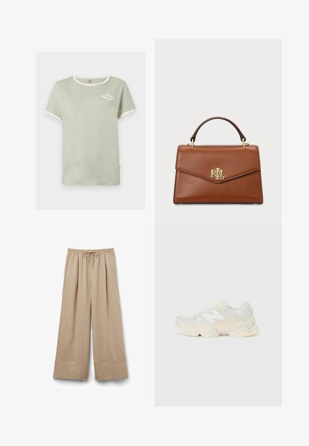 Camiseta de algodón verde menta con cuello redondo, ribete blanco en contraste y sutil texto "New Balance Athletics" en bordado blanco.; Pantalones de pierna ancha beige, hechos de tejido ligero. Presentan una cinturilla elástica con cordón y dobladillos rectos.; Zapatilla ligera con parte superior de malla y ante en suaves tonos crema, con una suela gruesa y acentos tridimensionales.; Bolso de mano de cuero marrón con un diseño estructurado, asa superior, herrajes dorados y un acento de logo en el frontal. Textura suave.