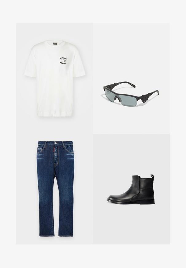 T-shirt en coton blanc avec un col rond et des manches courtes. Présente un logo noir brodé sur la poitrine gauche. Texture lisse.; Jean en denim bleu foncé avec une coupe droite, présentant un léger délavage, des coutures jaunes, des poches avant et une fermeture à bouton.; Botte de cheville en cuir noir avec bout rond, panneaux latéraux élastiques et dos texturé. Elle dispose d'une semelle en caoutchouc plate et d'une languette de traction.; Lunettes de sport noires avec des verres teintés gris, monture angulaire, coins renforcés et plaquettes de nez ajustables pour un maintien sécurisé.