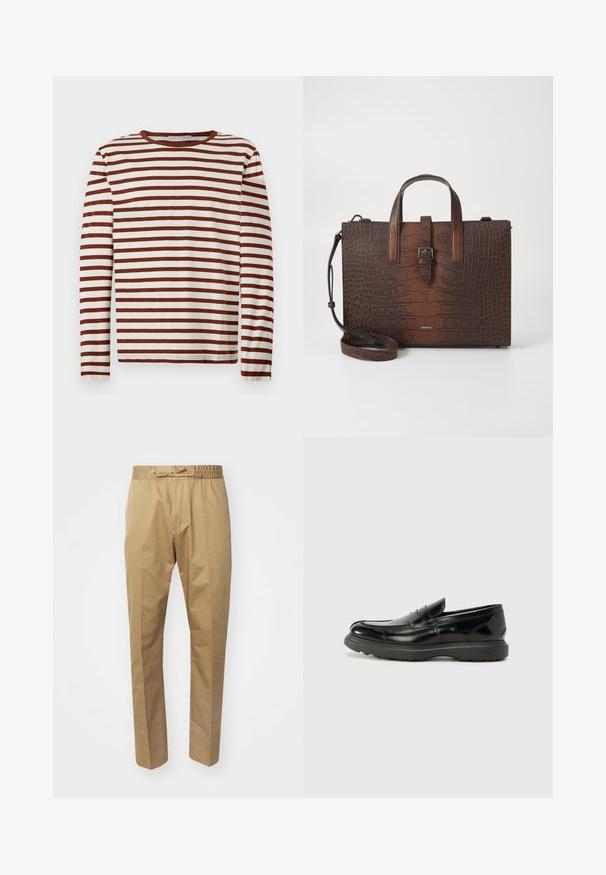 Majica s dolgimi rokavi in krojnim ovratnikom z vodoravnimi rjavimi in belimi črtami, narejena iz mehke tkanine, položena na svetlem ozadju.; Bež hlače z elastičnim pasom in nastavljivo vrvico. Gladka tekstura, ravne noge in minimalističen dizajn.; Črne usnjene loafer čevlje z sijajno obdelavo, okroglo špico, subtilnimi šivi in debelim gumijastim podplatom za trajnost.; Brašna iz rjave krokodilne usnjene embalaže s zgornjimi ročaji in odstranljivim ramenskim trakom. Ima zapiranje z zaponko in pravokotno obliko.