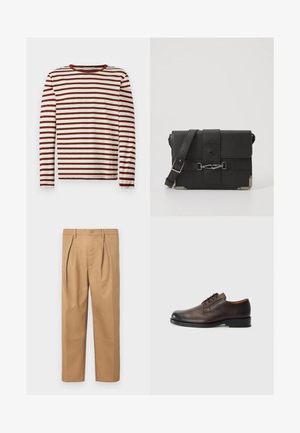 Majica s dolgimi rokavi in krojnim ovratnikom z vodoravnimi rjavimi in belimi črtami, narejena iz mehke tkanine, položena na svetlem ozadju.; Bež bombažne hlače s sproščenim krojem, nabranim dizajnom, pasom z gumbom in ravnim rezom. Gladka tekstura brez vzorcev.; Rjave usnjene čevlje z zaobljenim nosom, nizko peto, vezalnim dizajnom in gladko površino. Imajo minimalne šive in sijajno končno obdelavo.; Crna usnjena torba za pošto z teksturno površino, kovinski dodatki, nastavljiv trak in pokrov z detajli z zaponko.