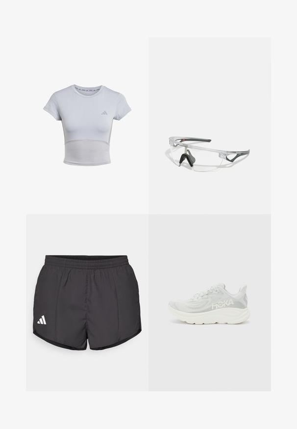 adidas Performance Camiseta deportiva - halo silver grey; Pantalones cortos deportivos negros hechos de tela ligera, con una cintura elástica y un logo blanco de Adidas en la parte inferior izquierda.; Zapatilla de running ligera en malla blanca y gris claro, con una suela gruesa y acolchada y un logo lateral. Diseño minimalista con tela texturizada.; Gafas de seguridad transparentes con un marco ligero y acentos grises. Presentan un diseño envolvente y una almohadilla nasal ajustable.
