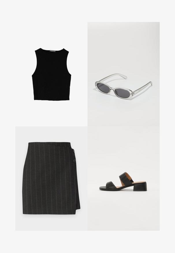 Čierny bezrukávový crop top vyrobený z hladkej tkaniny, so zaobleným výstrihom a čistým, jednoduchým dizajnom bez vzorov alebo kovania.; Čierna sukňa s proužkami a prispôsobeným strihom, s asymetrickým zavinovacím dizajnom a dvoma gombíkmi v páse na zapínanie.; Čierne kožené sandále s dvoma širokými remienkami cez nohu, štvorcovou špičkou a nízkym blokovým podpätkom. Hladká textura a minimalistický dizajn.; Slnečné okuliare oválneho tvaru, s priehľadným plastovým rámom, tmavošedými šošovkami a tenkými priehľadnými ramienkami s logovými akcentmi a minimálnym detailovaním.; Čierna kožená kabelka so štruktúrovaným prevedením, horným madlom a detailom zlatého kovového uzáveru na prednej strane. Hladká textura, minimálne šitie.
