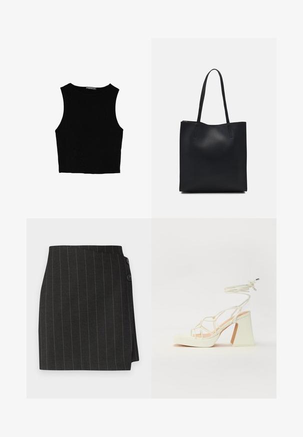Črn brez rokavov crop top, izdelan iz gladkega materiala, z okroglim izrezom in čistim, preprostim dizajnom brez vzorcev ali dodatkov.; Črna krilna hlača s pristranskimi črtami in krojem po meri, ki vključuje asymetričen zavojni dizajn ter dva gumba na pasu za zapiranje.; Bela sandala na visokih petah s debelim petam, ki ima obliko trakcev in vezanje okoli gležnja. Gladka tekstura z platformo spredaj za dodatno višino.; Črna usnjena torba s svilnato teksturo, pravokotne oblike in dvema dolgima ročajema. Brez vidnih metalnih delov ali okrasnih elementov.