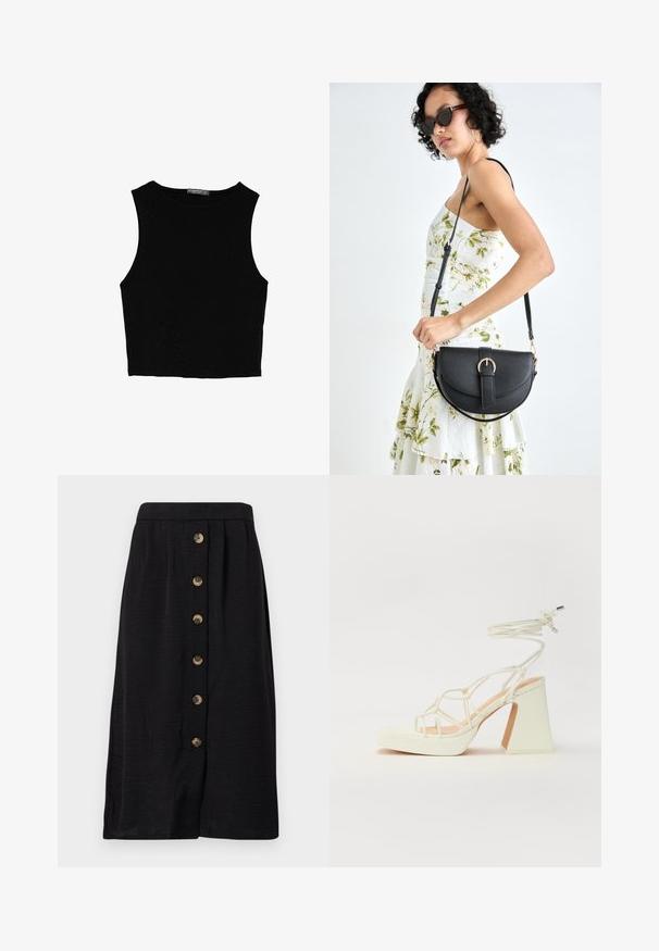 Top corto senza maniche nero realizzato in tessuto liscio, con scollatura rotonda e un design pulito e semplice, privo di pattern o accessori.; Gonna nera midi in tessuto texture, con chiusura frontale a bottoni composta da cinque bottoni in bronzo e una forma dritta.; Sandalo bianco con tacco alto, caratterizzato da un design a cinturini e un legaccio alla caviglia. Texture liscia con una piattaforma frontale per un'altezza aggiuntiva.; Borsa a tracolla nera in pelle con una forma curva, manico rimovibile e accessori dorati. La borsa presenta una patta con un dettaglio a fibbia.