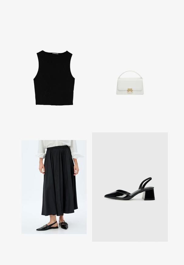Musta hihaton crop-top, joka on valmistettu sileästä kankaasta, jossa on pyöreä kaula-aukko ja siisti, yksinkertainen muotoilu ilman kuvioita tai varusteita.; Rok hitam sepanjang pergelangan kaki dengan pinggang elastis, memiliki tekstur halus dan desain yang mengalir. Dipadukan dengan sepatu hitam berhak datar.; Mustat patentoitu nahkakengät, joissa on säären takaosa ja terävä kärki, sekä geometrinen palikkakorko. Sisältää tyylikkään, minimalistisen muotoilun ja sileän pinnan.; Valkoinen nahkalaukku, jossa on rakenteellinen muotoilu, varustettuna yläkahvalla ja kultasävyisellä soljella. Sileä pinta ja minimaliset yksityiskohdat.