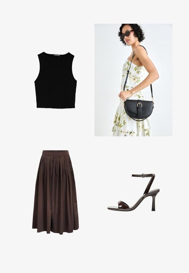 Schwarzes ärmelloses Crop-Top aus glattem Stoff, mit rundem Ausschnitt und einem klaren, schlichten Design ohne Muster oder Beschläge.; Brauner plissierter Midirock mit hoher Taille, aus glattem Material gefertigt, mit vollem Schnitt und seitlichen Taschen für zusätzliche Funktionalität.; Braune Lackleder-High-Heelsandale mit einem Knöchelriemen, offener Zehenpartie und einem schlanken, minimalistischen Design. Verfügt über einen quadratischen Absatz.; Schwarze Lederhandtasche mit geschwungener Form, abnehmbarem Tragegurt und goldenen Beschlägen. Die Tasche verfügt über einen Deckel mit einer Schnallen-Details.