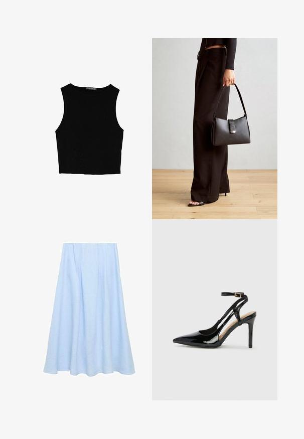 Črn brez rokavov crop top, izdelan iz gladkega materiala, z okroglim izrezom in čistim, preprostim dizajnom brez vzorcev ali dodatkov.; Svetlo modra, krilna dolžina A-linija iz lanu, ki ima plisee in gladko teksturo brez vzorcev ali okraskov.; Črne lakaste usnjene čevlje na visoki peti z odprtim petnim delom, usnjeni trak za prilagoditev okrog gležnja in z ozkimi stranskimi odprtinami. Gladka tekstura.; Črna torbica z strukturirano obliko, gladko teksturo in kovinskim zaponko. Ujemajo se z širokimi črnimi hlačami in odprtimi sandali na lesenem tleh.
