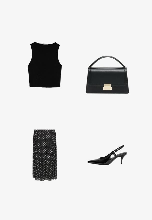 Čierny bezrukávový crop top vyrobený z hladkej tkaniny, so zaobleným výstrihom a čistým, jednoduchým dizajnom bez vzorov alebo kovania.; Čierna sukňa s bodkami vyrobená z ľahkého materiálu s elastickým pásom, s bielymi bodkami v jednotnom vzore, s obratým spodným okrajom.; Čierne lakované lodičky na podpätku so špicatou špičkou, otvorenými bokmi, štíhlým podpätkom a nastaviteľným remienkom okolo členka.; Čierna kožená kabelka so štruktúrovaným prevedením, horným madlom a detailom zlatého kovového uzáveru na prednej strane. Hladká textura, minimálne šitie.