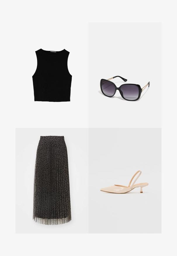 Svart ärmlös crop top i mjukt tyg, med rund hals och en ren, enkel design utan mönster eller detaljer.; Plisserad maxikjol i svart tyll med leopardmönster. Har resårmidja och semigenomskinlig textur.; Beiga patenterade läderkilklackar med spetsig tå och en smal, fyrkantig klack. Slät yta och minimalistisk design utan utsmyckningar.; Svarta överdimensionerade solglasögon med gradientlinser, tjocka bågar och kedjedetaljer i guldton vid tempelarmarna.; Vitt strukturerat handväska med korta handtag och en axelrem, med gyllene detaljer och texturerat material, visad mot en grå bakgrund.
