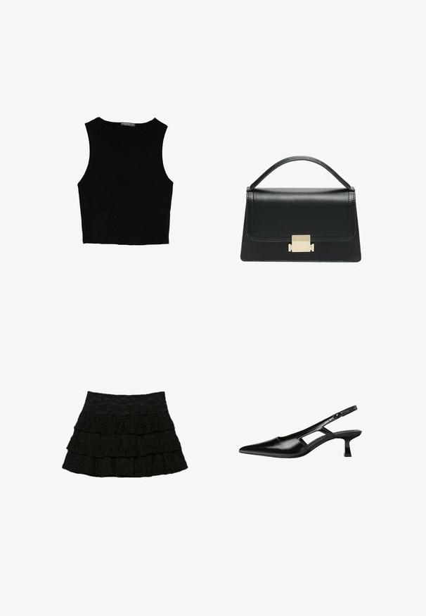 Top court sans manches noir en tissu lisse, avec un col rond et un design épuré, simple, sans motifs ni accessoires.; Jupe noire à plusieurs niveaux comprenant trois couches de volants avec un motif floral texturé. Taille élastique pour le confort et l'ajustement.; Escarpins slingback en cuir verni noir avec un bout pointu, un design découpé sur les côtés et un petit talon carré. Texture lisse avec des accents minimaux.; Sac à main en cuir noir au design structuré, avec une poignée supérieure et un détail de fermoir en métal doré à l'avant. Texture lisse, couture minimale.