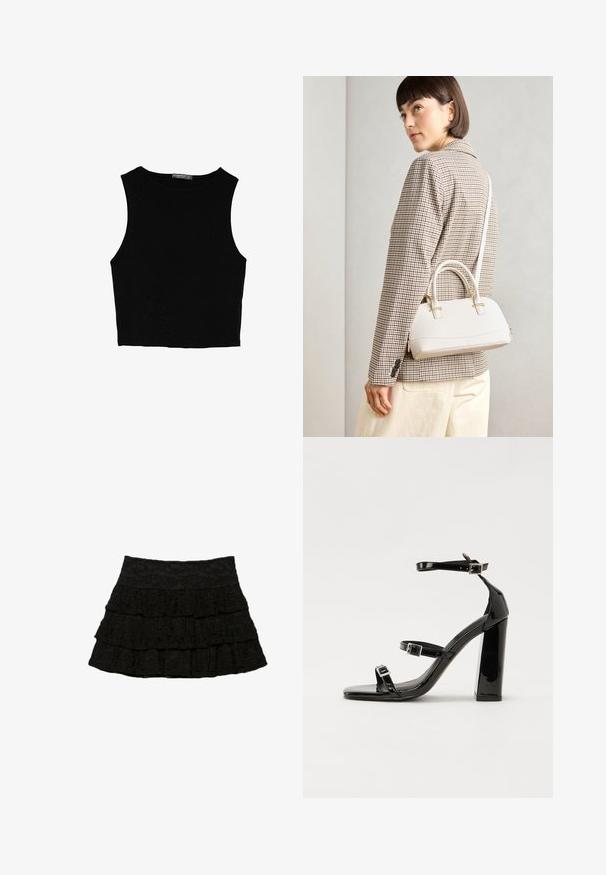 Černý bezsleeve crop top vyrobený z hladké tkaniny, s kulatým výstřihem a čistým, jednoduchým designem bez vzorů nebo kovových doplňků.; Černá sukně s podmínkami, která má tři vrstvy volánků s texturovaným květinovým vzorem. Elastický pas pro pohodlí a dobré padnutí.; Černé lakované sandály na podpatku se čtveratou špičkou, lýtkovými pásky a stříbrnými přezkami. Disponují masivním blokovým podpatkem pro stabilitu.; Bílá strukturovaná kabelka s krátkými uchy a ramenním popruhem, zdobená zlatými kovovými prvky a texturovaným materiálem, vystavená na šedém pozadí.