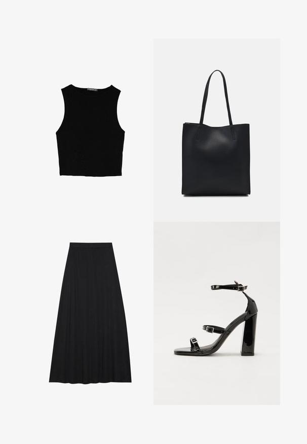 Sort ærmeløs crop top lavet af glat stof, med rund hals og et rent, enkelt design uden mønstre eller hardware.; Sort maxi nederdel lavet af blødt, flydende stof. Den har en elastisk talje og en fuld A-linje silhuet med en glat tekstur.; Sorte patenterede hælsandaler med firkantet tå, ankelremme og sølvspænder. Har en chunky blokHæl for stabilitet.; Sort læder tote taske med glat tekstur, rektangulær form og to lange hanke. Ingen synlig hardware eller udsmykninger.