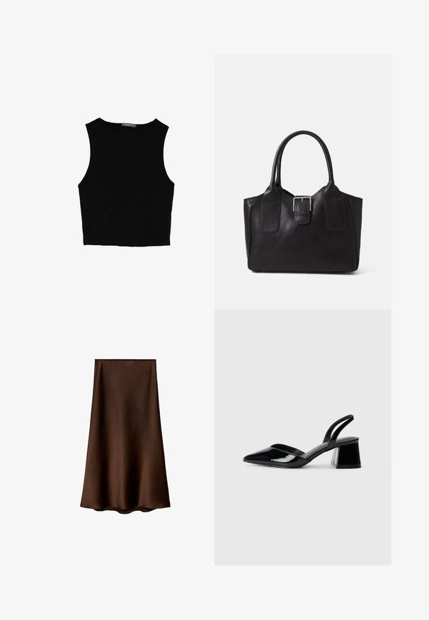 Zwarte mouwloze crop top van soepel materiaal, met een ronde hals en een schone, eenvoudige uitstraling zonder patronen of hardware.; Mango Maxirok - brown; Zwarte gepatineerde leren slingback hakken met een spitse neus en een geometrische blokhak. Kenmerkt zich door een slank, minimalistisch ontwerp en een gladde textuur.; Zwarte leren tote bag met een gladde textuur, gestructureerde vorm, twee handvatten en een opvallend zilveren sluitingdetail aan de voorkant.