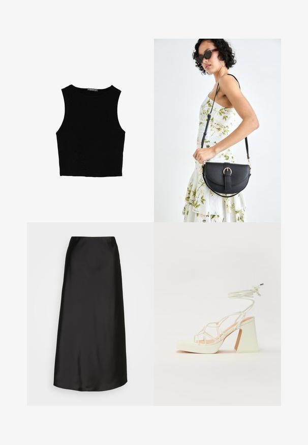 Czarny bezrękawnik crop top z gładkiego materiału, z okrągłym dekoltem i czystym, prostym wzornictwem, bez wzorów czy metalowych elementów.; Czarna satynowa spódnica midi o gładkiej fakturze, w kształcie litery A i subtelnym połysku. Posiada elegancki, prosty fason bez zdobień.; Biała sandał na wysokim obcasie z masywnym słupkiem, z paskowym wzorem i wiązaniem przy kostce. Gładka faktura z platformą z przodu dla dodatkowej wysokości.; Czarna skórzana torebka o zakrzywionym kształcie, z odpinanym paskiem i złotymi akcentami. Torebka posiada klapę z zapięciem w kształcie klamry.