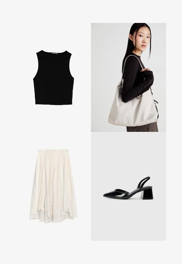 Schwarzes ärmelloses Crop-Top aus glattem Stoff, mit rundem Ausschnitt und einem klaren, schlichten Design ohne Muster oder Beschläge.; Hell gefärbter, mehrlagiger Rock mit einer Mischung aus karierter und gemusterter Stoffen, der ein fließendes Design und eine strukturierte Oberfläche aufweist.; Schwarze Lackleder-Slingback-High Heels mit spitzem Schuh und einem geometrischen Blockabsatz. Verfügt über ein schlankes, minimalistisches Design und eine glatte Textur.; Beige Handtasche aus weichem Material, mit einem lässigen Design, gesteppten Details und zwei Schulterriemen. Geeignet für den täglichen Gebrauch.
